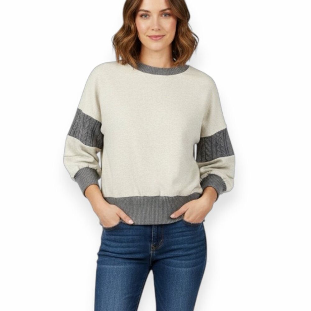 POL for ANTHROPOLOGIE Women’s Cream Gray Long Sleeve Colorblock Knit Sweater Sma